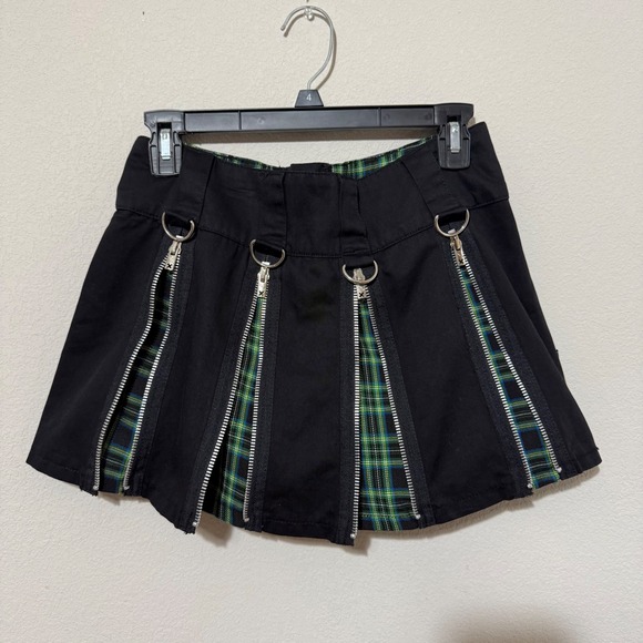 Tripp NYC XS Black Green Plaid Zipper Punk Mall Goth Pleated Mini Skirt Vintage - Picture 2 of 10